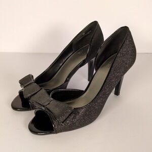 IMPO VTG‎ Black Heels SZ 7 Patent Leather Glitter Open Toe Bow Accent Pumps